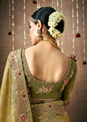 Olive Green Bridal Tissue Silk Saree with Heavy Embroidery
