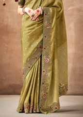 Olive Green Bridal Tissue Silk Saree with Heavy Embroidery