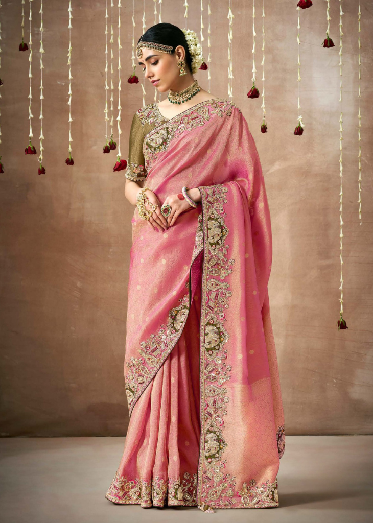 Rose Pink Bridal Tissue Silk Saree with Hand Embroidery