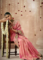 Rose Pink Bridal Tissue Silk Saree with Hand Embroidery