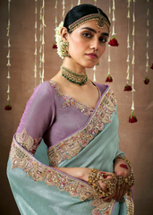 Aqua Blue Bridal Tissue Silk Saree with Embroidery