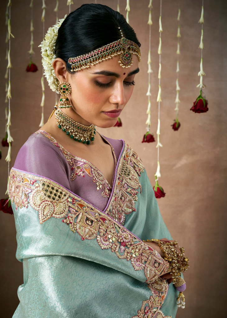 Aqua Blue Bridal Tissue Silk Saree with Embroidery