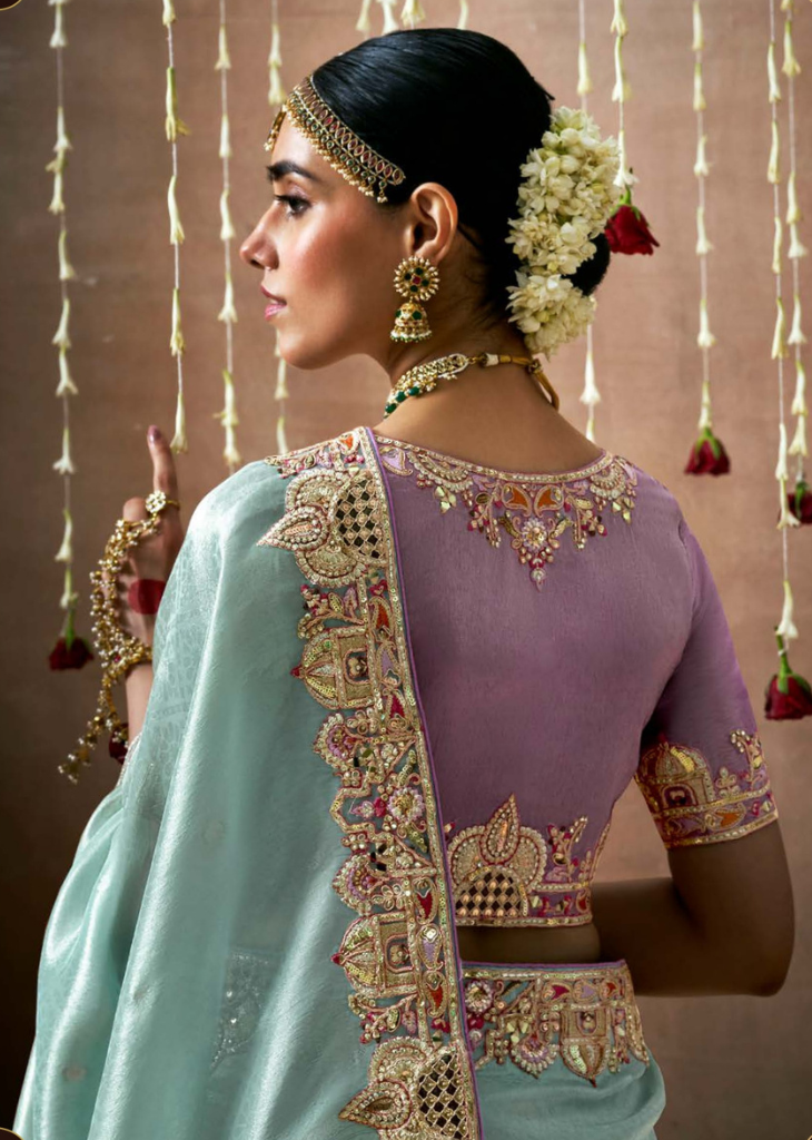 Aqua Blue Bridal Tissue Silk Saree with Embroidery