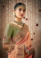 Peach Gold Bridal Saree with Mirror & Stone Work