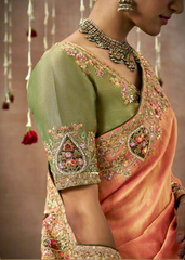 Peach Gold Bridal Saree with Mirror & Stone Work