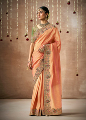 Peach Gold Bridal Saree with Mirror & Stone Work