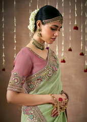 Pastel Green Bridal Tissue Saree with Heavy Work