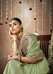Pastel Green Bridal Tissue Saree with Heavy Work