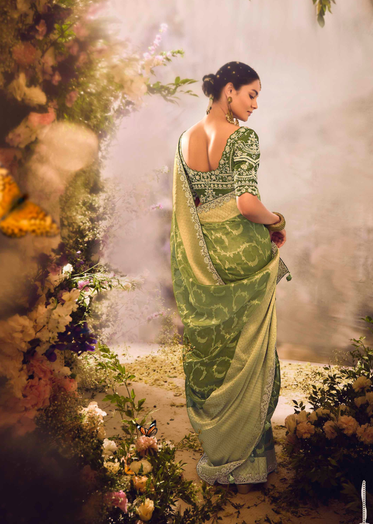 Green Banarasi Zari Tissue Saree with Sequin Border