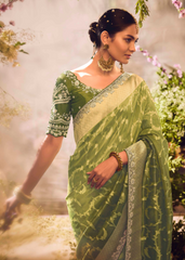 Green Banarasi Zari Tissue Saree with Sequin Border