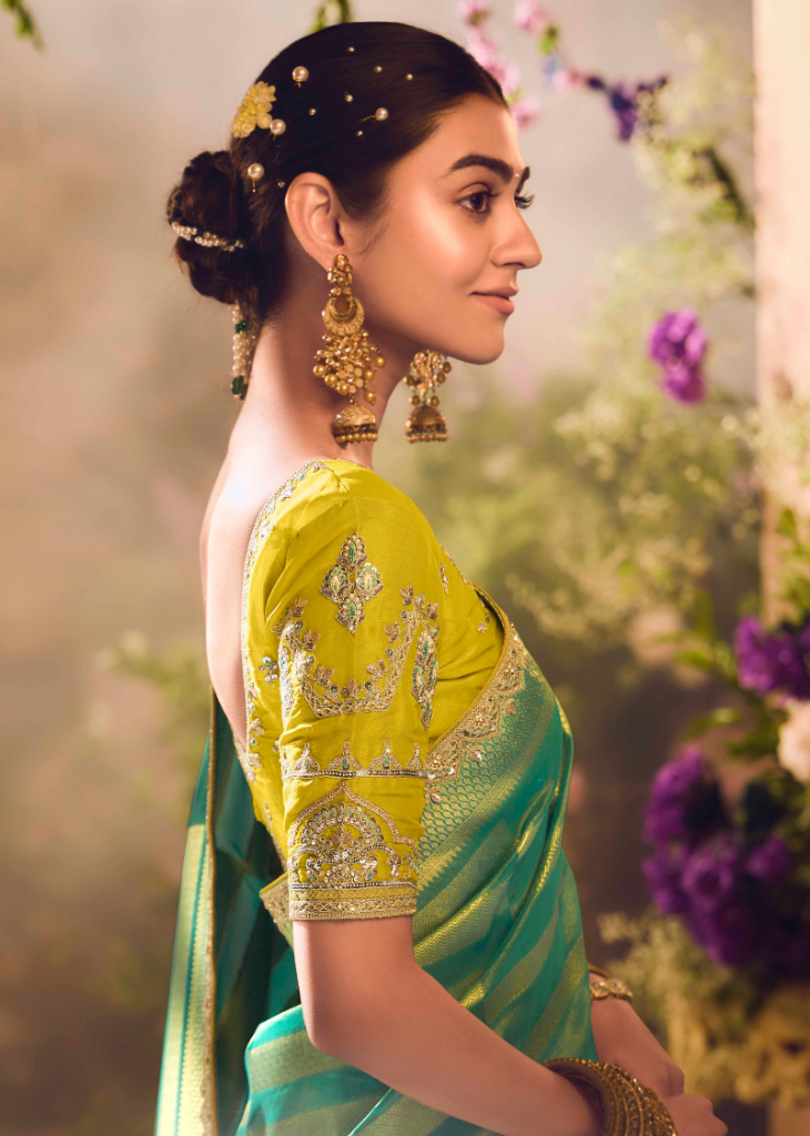 Striped Green Banarasi Tissue Saree with Sequin Border