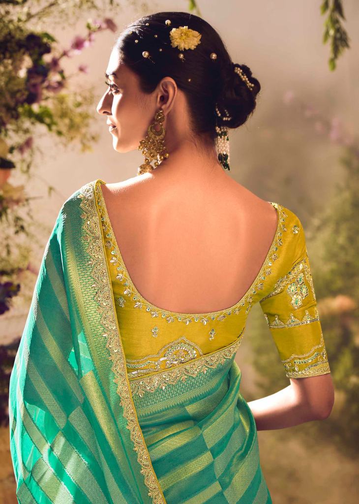 Striped Green Banarasi Tissue Saree with Sequin Border
