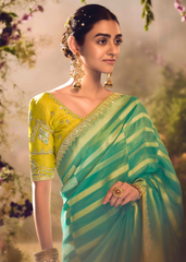 Striped Green Banarasi Tissue Saree with Sequin Border