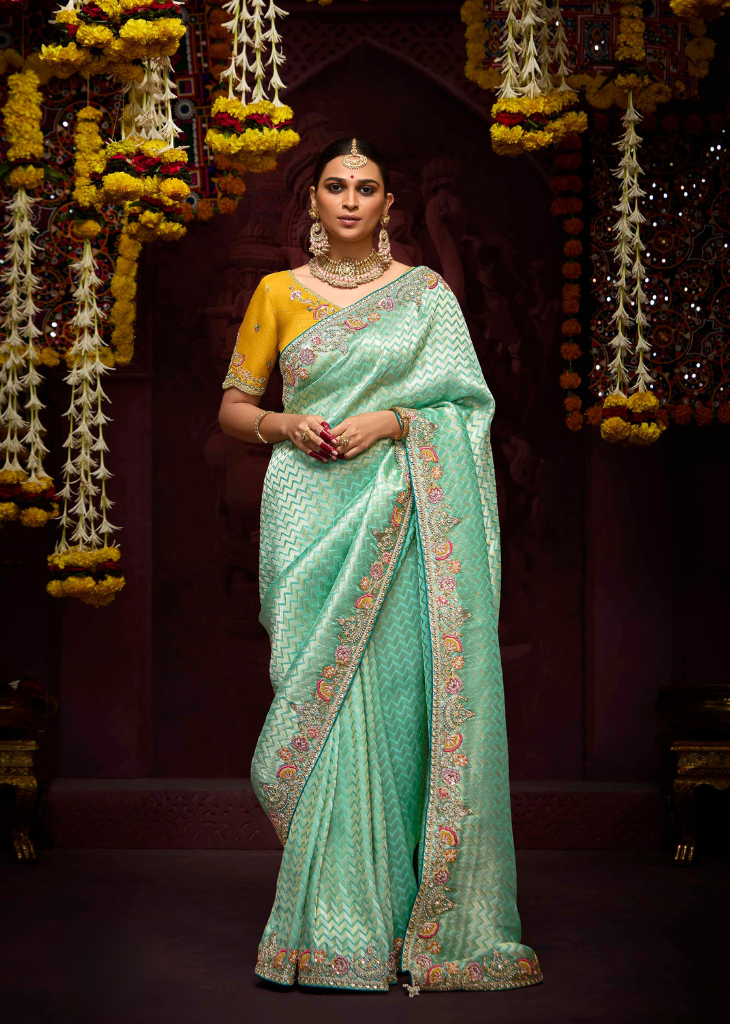 Mint Green Kanjivaram Saree with Heavy Embroidery Border