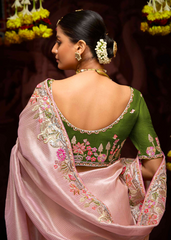 Blush Pink Kanjivaram Saree with Pearl & Zari Embroidery