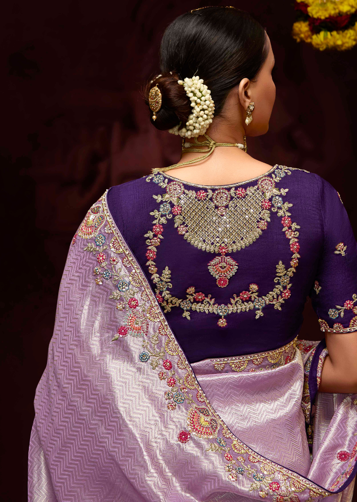 Lavender Kanjivaram Saree with Heavy Embroidery Border