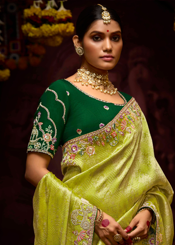 Lime Green Banarasi Kanjivaram Saree with Sequin Detail