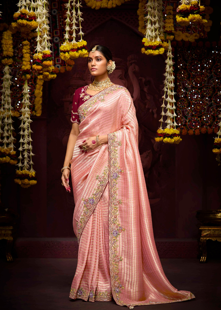 Blush Pink Kanjivaram Saree with Zari Weave & Pearls