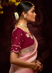 Blush Pink Kanjivaram Saree with Zari Weave & Pearls