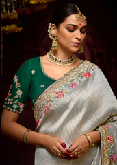 Ice Blue Kanjivaram Saree with Embellished Floral Border