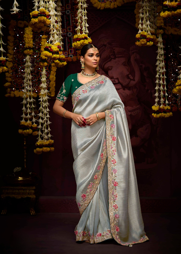 Ice Blue Kanjivaram Saree with Embellished Floral Border