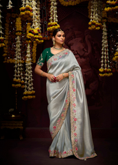 Ice Blue Kanjivaram Saree with Embellished Floral Border