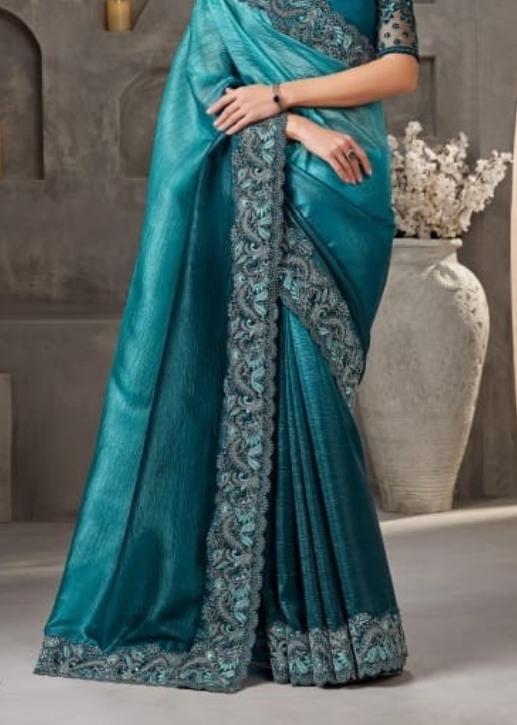 Teal Blue Shaded Crush Saree with Elegant Embroidery Work