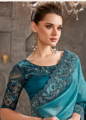 Teal Blue Shaded Crush Saree with Elegant Embroidery Work