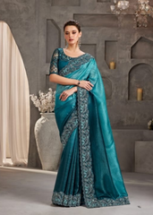 Teal Blue Shaded Crush Saree with Elegant Embroidery Work