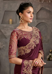 Wine Soft Silk Saree with Antique Embroidered Blouse