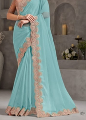 Aqua Crustal Chiffon Saree with Delicate Embroidery Work
