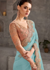 Aqua Crustal Chiffon Saree with Delicate Embroidery Work
