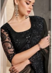Midnight Black Crustal Chiffon Saree with Luxe Sequin Embroidery