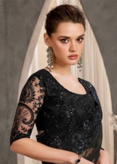 Midnight Black Crustal Chiffon Saree with Luxe Sequin Embroidery