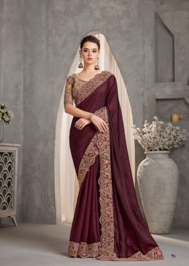 Maroon Crustal Chiffon Saree with Antique Embroidery Elegance
