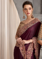 Maroon Crustal Chiffon Saree with Antique Embroidery Elegance