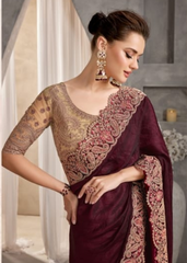 Maroon Crustal Chiffon Saree with Antique Embroidery Elegance