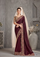 Maroon Crustal Chiffon Saree with Antique Embroidery Elegance