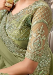 Sage Green Crustal Chiffon Saree with Tone-on-Tone Embroidery