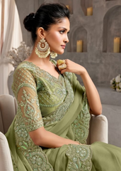 Sage Green Crustal Chiffon Saree with Tone-on-Tone Embroidery