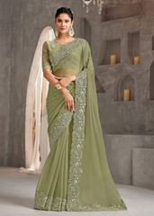 Sage Green Crustal Chiffon Saree with Tone-on-Tone Embroidery