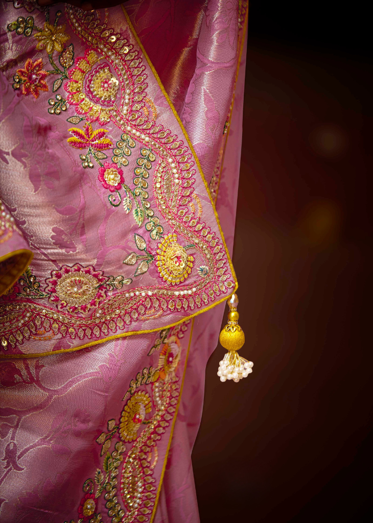 Pink Kanjivaram Saree with Pearl & Sequin Embellishment
