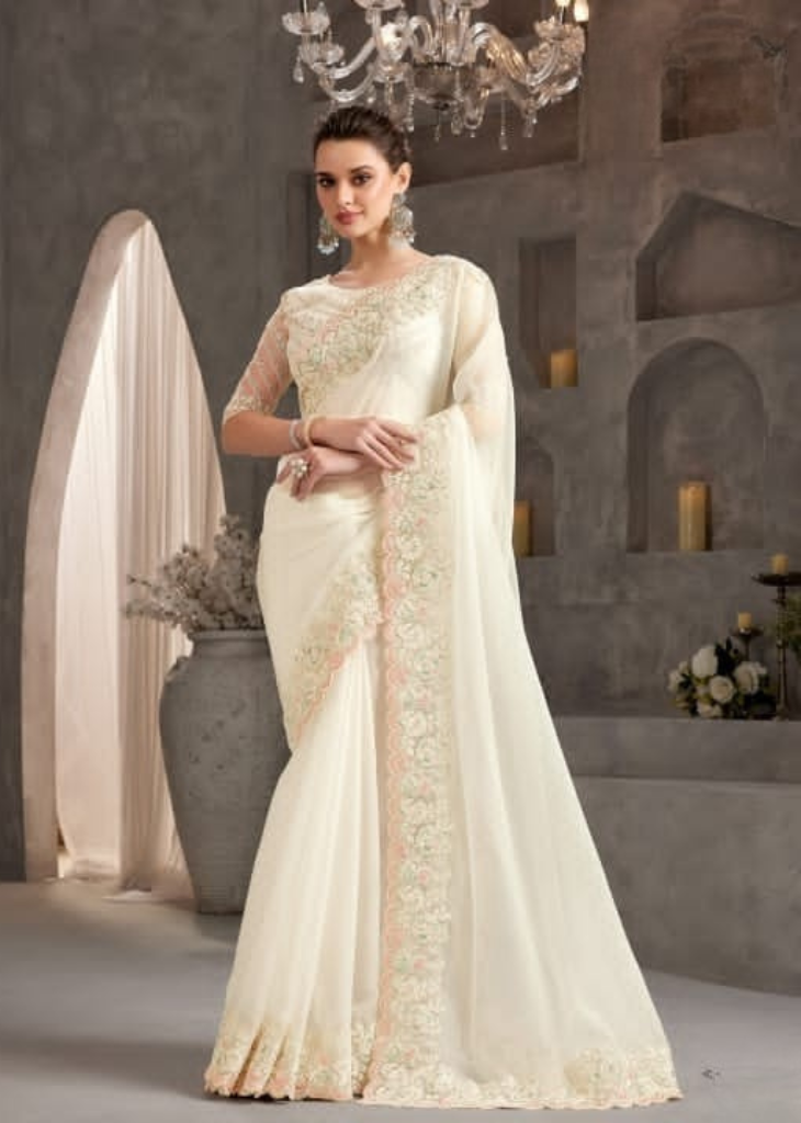 Off-White Crustal Chiffon Saree with Delicate Thread Embroidery