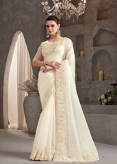 Off-White Crustal Chiffon Saree with Delicate Thread Embroidery