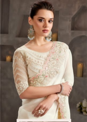 Off-White Crustal Chiffon Saree with Delicate Thread Embroidery