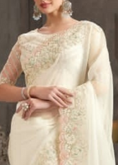 Off-White Crustal Chiffon Saree with Delicate Thread Embroidery