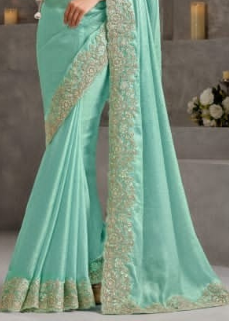 Aqua Blue Two-Tone Chiffon Saree with Gradient Embroidery Detail