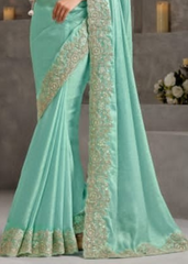 Aqua Blue Two-Tone Chiffon Saree with Gradient Embroidery Detail