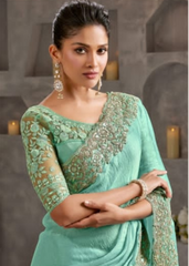 Aqua Blue Two-Tone Chiffon Saree with Gradient Embroidery Detail