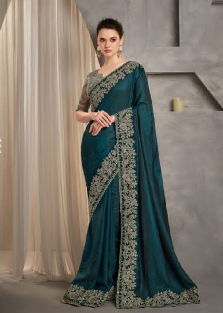 Peacock Blue Silk Crush Saree with Detailed Embroidery Finish